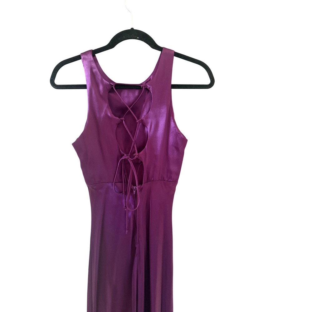 Roberta Vintage Whimsigoth Purple Satin Lace Up Back Maxi Dress Empire Waist